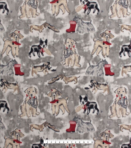 Watercolor Pups on Gray Anti Pill Fleece Fabric, , hi-res, image 2