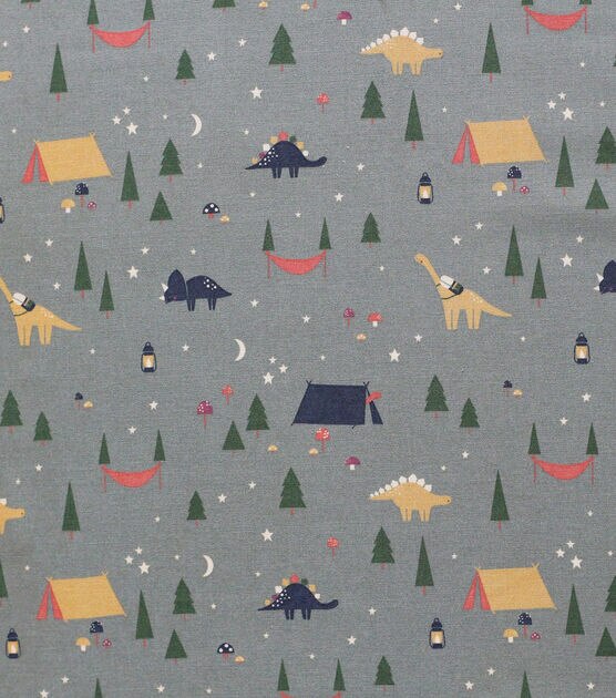 POP! Camping Dinos On Green Novelty Print Fabric