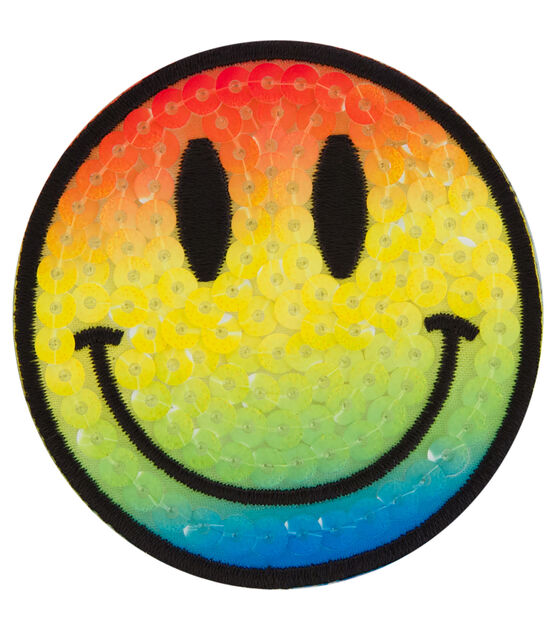 Simplicity 2.5" Rainbow Sequined Smiley Face Iron On Patch, , hi-res, image 2