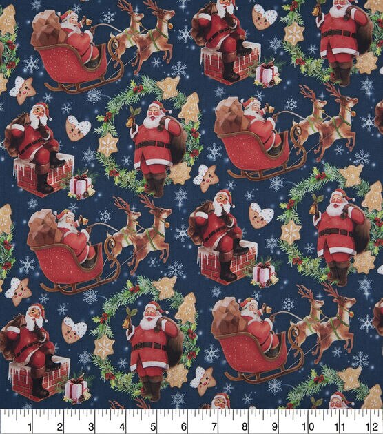Santa Claus & Snowflakes on Blue Christmas Cotton Fabric, , hi-res, image 2