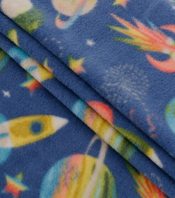 Spaceships & Planets on Blue Anti Pill Fleece Fabric, , hi-res, image 2