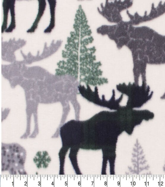 Navy & Green Patterned Moose & Trees Anti Pill Fleece Fabric