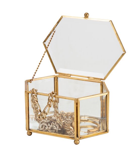 Home Details 5.5" x 4" Gold Vintage Mirrored Diamond Glass Keepsake Box, , hi-res, image 6