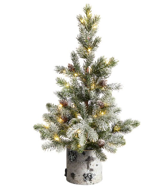 Nearly Natural 2' White Pre Lit Flocked Christmas Tree in Birch Planter