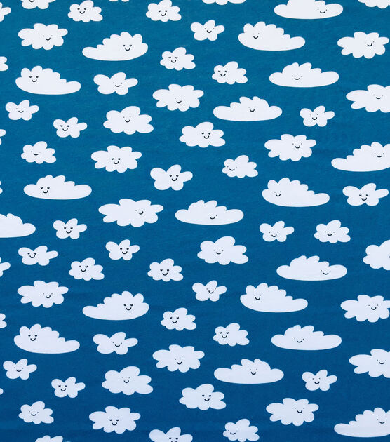 Blue Happy Clouds Jersey Knit Fabric by POP!