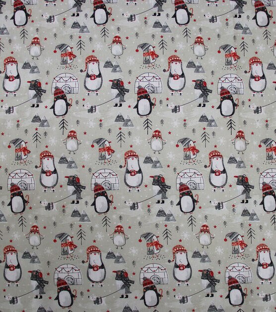 Penquins & Trees on Gray Christmas Cotton Fabric, , hi-res, image 2