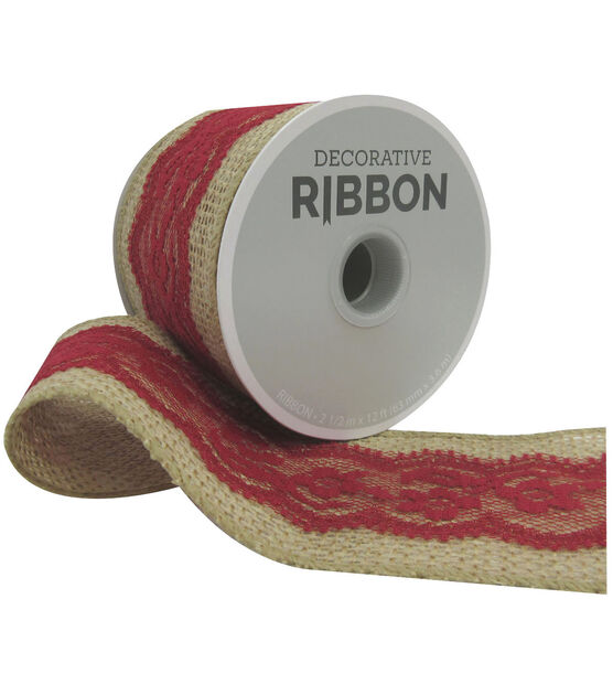 Decorative Ribbon Lace on Burlap 2.5''x12' Red