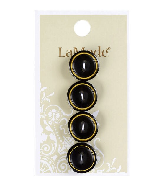 La Mode 5/8" Black Round 2 Hole Buttons With Gold Rim 4pk