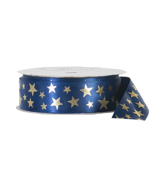 Offray Satin Ribbon 7/8''x9' Gold Stars on Navy