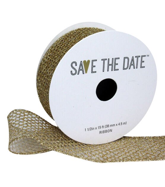 Save the Date 1.5" x 15' Gold Glitter Textured Ribbon