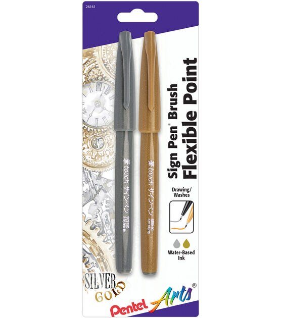 Pentel Arts Sign Pens With Brush Tip 2 Pkg Gold & Silver