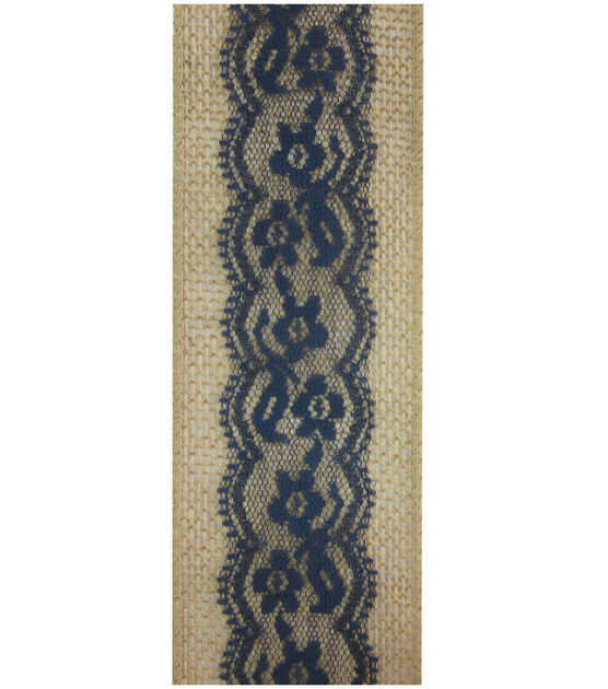 Decorative Ribbon Lace on Burlap 2.5''x12' Navy, , hi-res, image 2