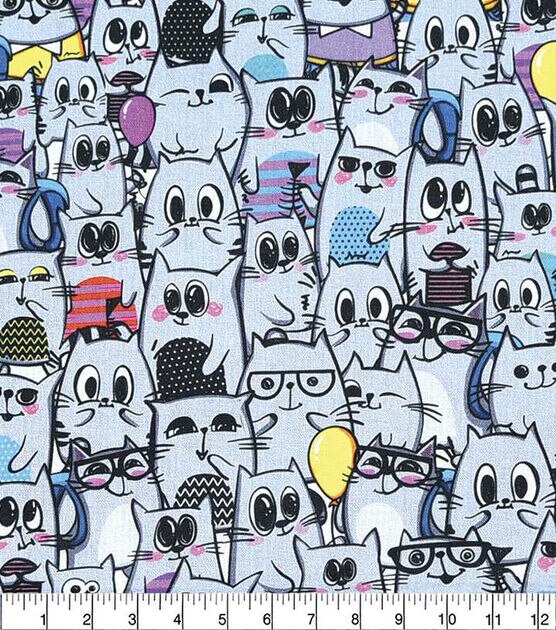 Multi Cats In Crowd Gray Novelty Cotton Fabric, , hi-res, image 2