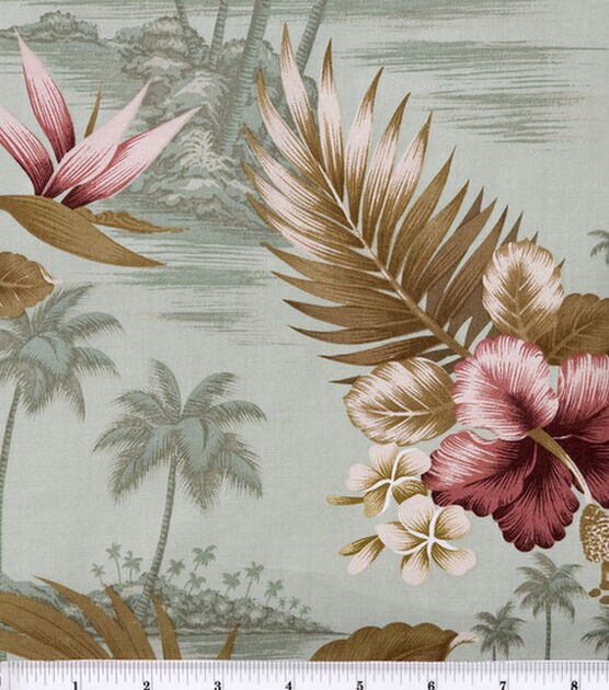 Tropical Shirting Fabric  Sage and Hibiscus