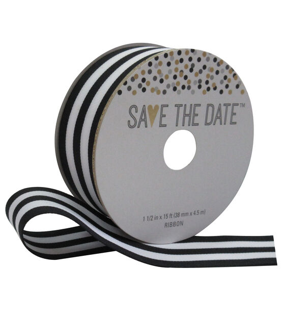 Save the Date 1.5" x 15' Black & White Stripe Ribbon