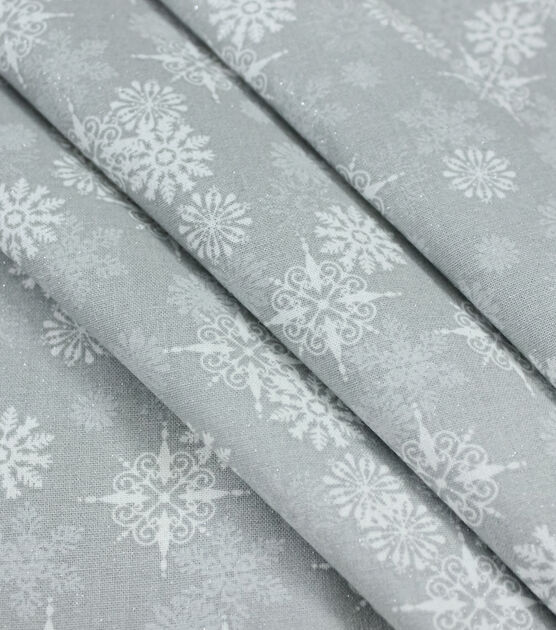 Overlap Snowflakes on Light Gray Christmas Glitter Cotton Fabric, , hi-res, image 2