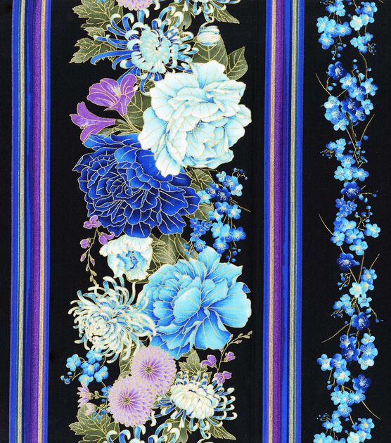 Hi Fashion Blue & Purple Floral Stripe Premium Metallic Cotton Fabric