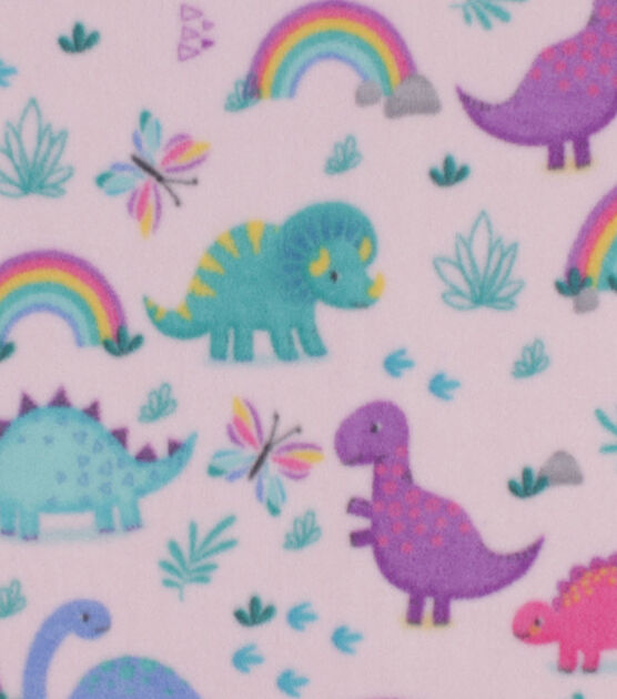 Dinoauts & Rainbows on Pink Anti Pill Fleece Fabric
