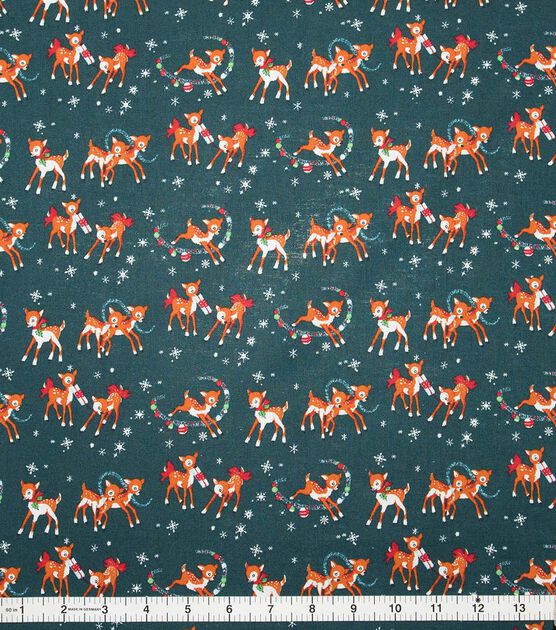 Reindeer on Green Christmas Cotton Fabric