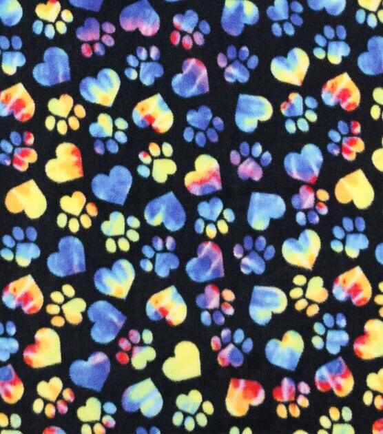 Multicolor Tie Dye Paw Prints on Black Anti Pill Fleece Fabric