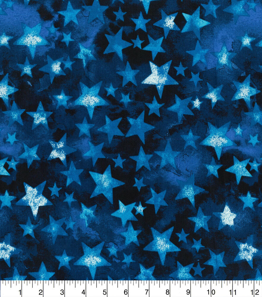 Bright Multi Stars Cotton Fabric, Blue, swatch