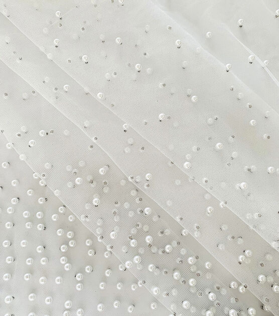 Bridal White Mesh With All Over Pearls Bridal Collections Fabric, , hi-res, image 2