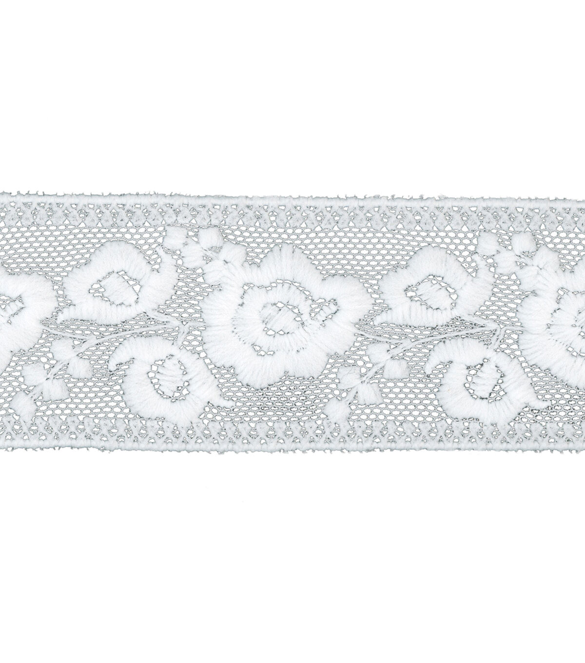 Simplicity Trim, White 1 1/4 inch Embroidered Lace Mesh with
