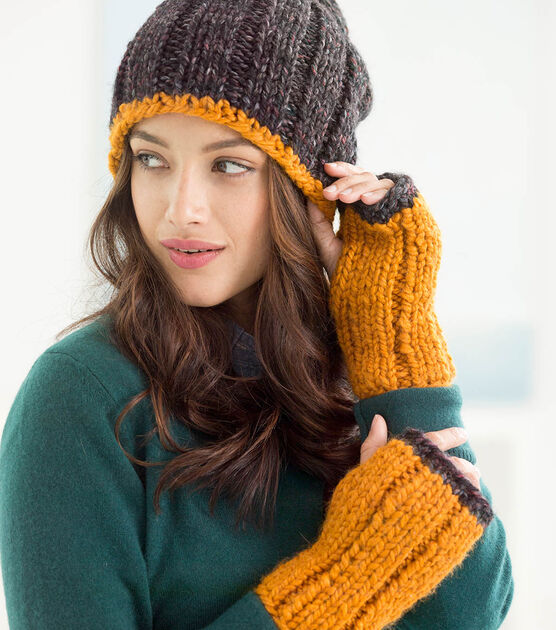 Wool-Ease Thick & Quick Color Tipped Mitts And Slouch Hat