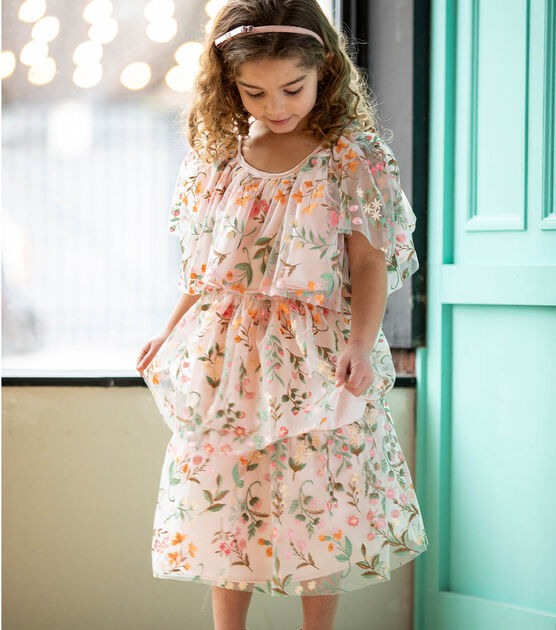 Girls Ruffled Tiered Embroidered Mesh Dress