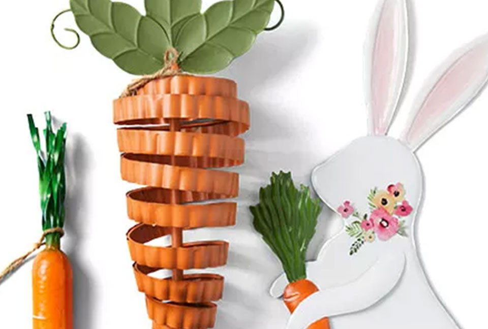 Metal outdoor easter decor of bunny rabbit and carrots