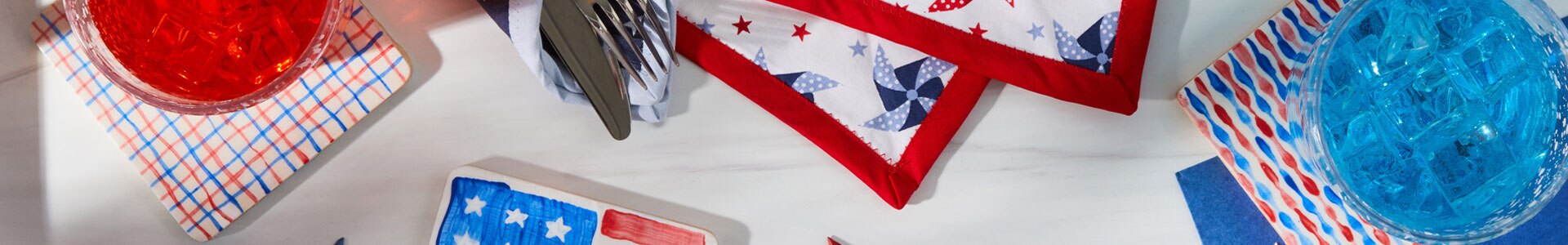 Patriotic party entertaining crafts of table clothes and patriotic coasters