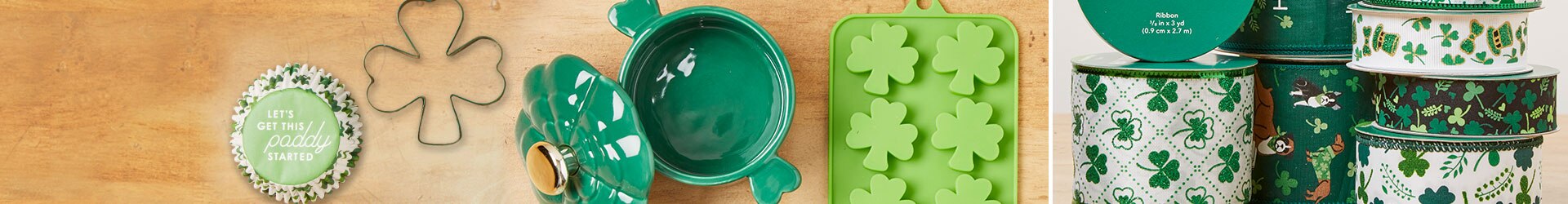 St. Patrick's Day kitchenware and ribbon from Joann Stores