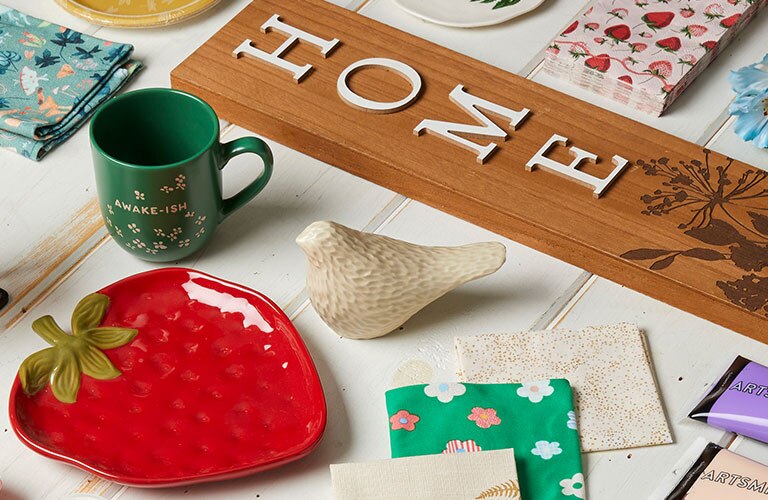 Strawberry plate, ceramic bird, floral printed mug and home decor sign