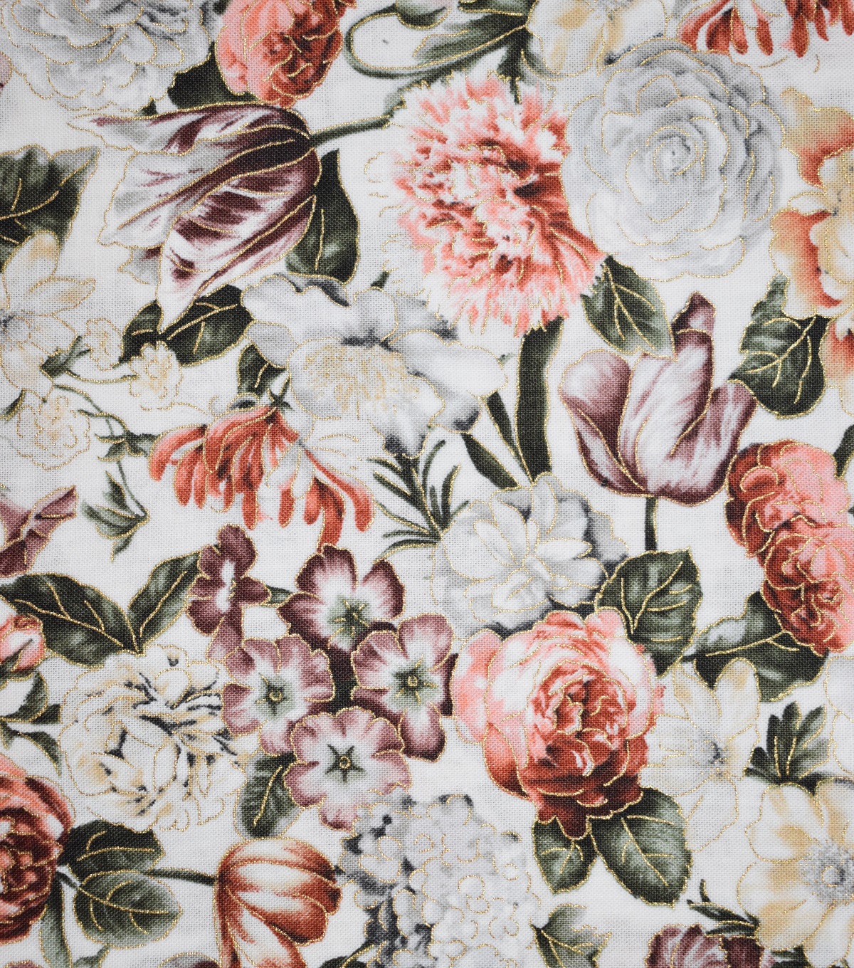 Premium Quilt Cotton Fabric Chloe Packed Floral Ivory Metallic | JOANN