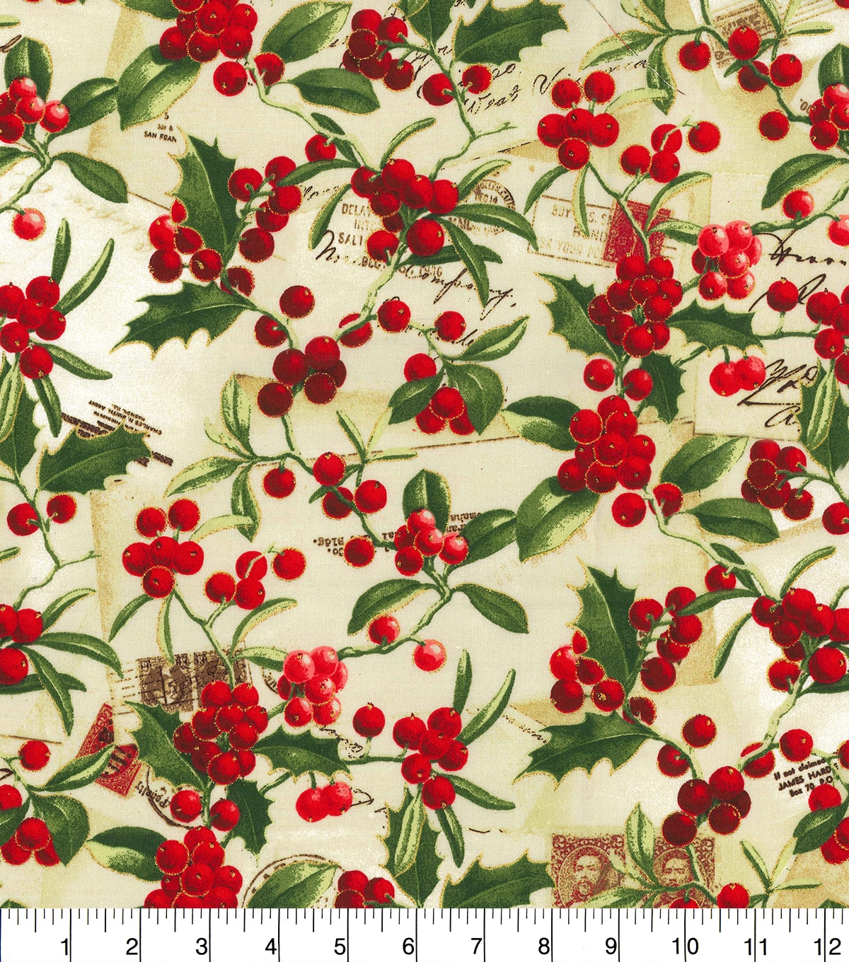 Christmas Cotton Fabric Berries & Holly with Glitter JOANN
