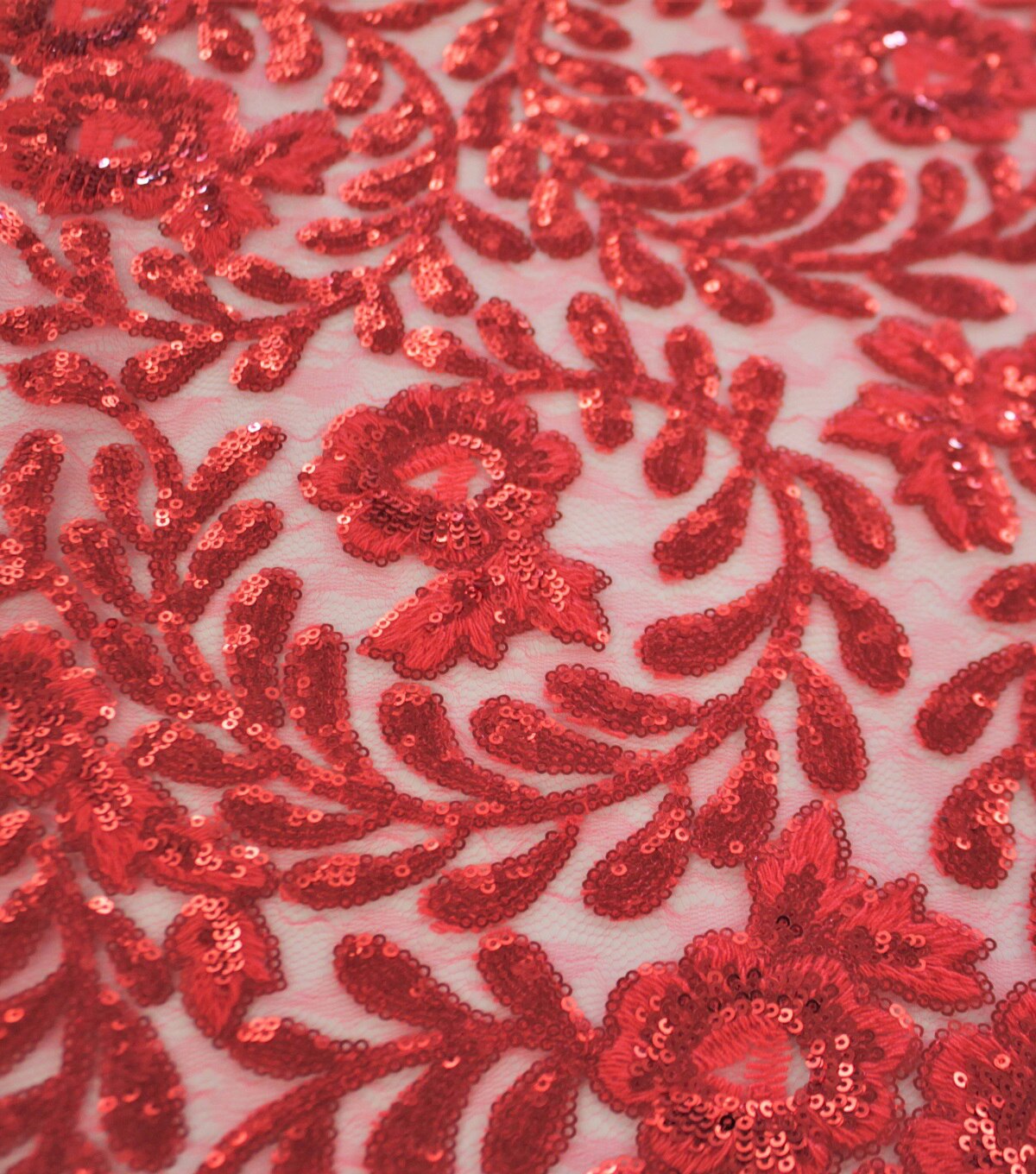 Casa Dahlia Fancy Sequin Floral Embroidered Fabric-Hibiscus Red | JOANN