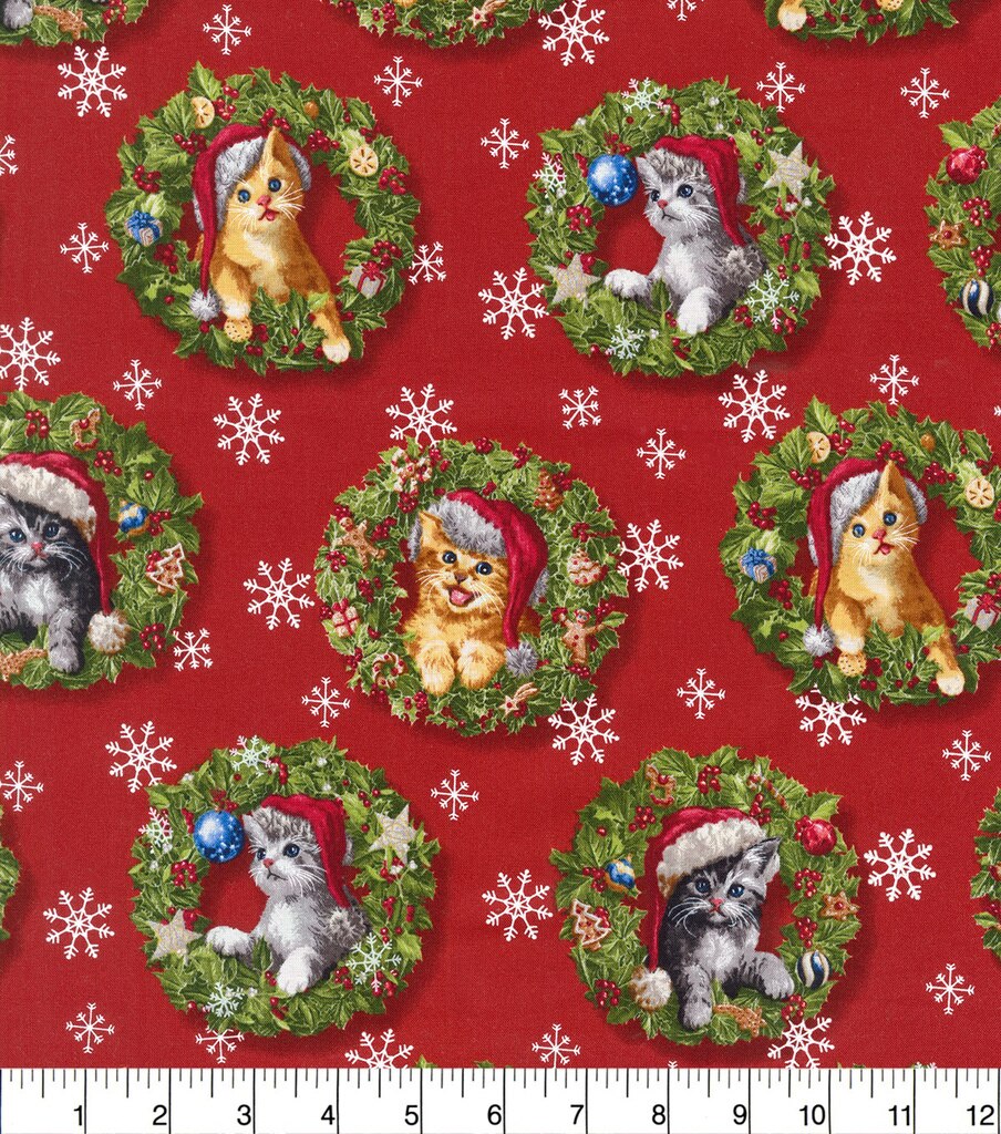 Christmas Cotton Fabric -Cats in Wreaths | JOANN