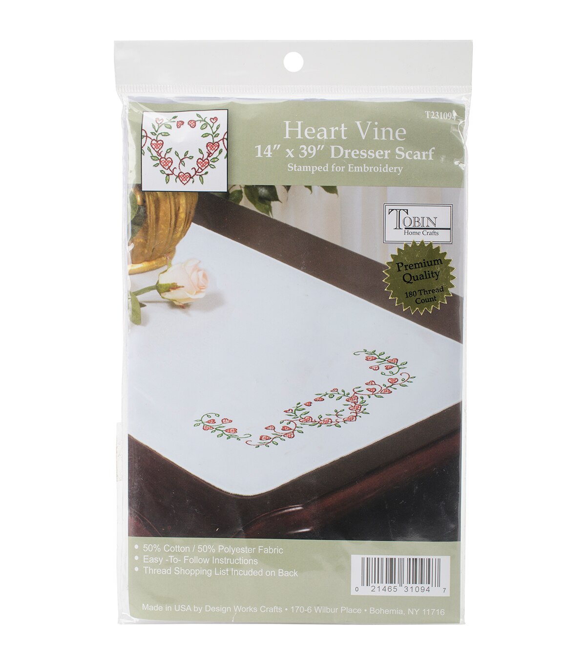 Tobin Heart Vine Stamped White Dresser Scarf For Embroidery 14