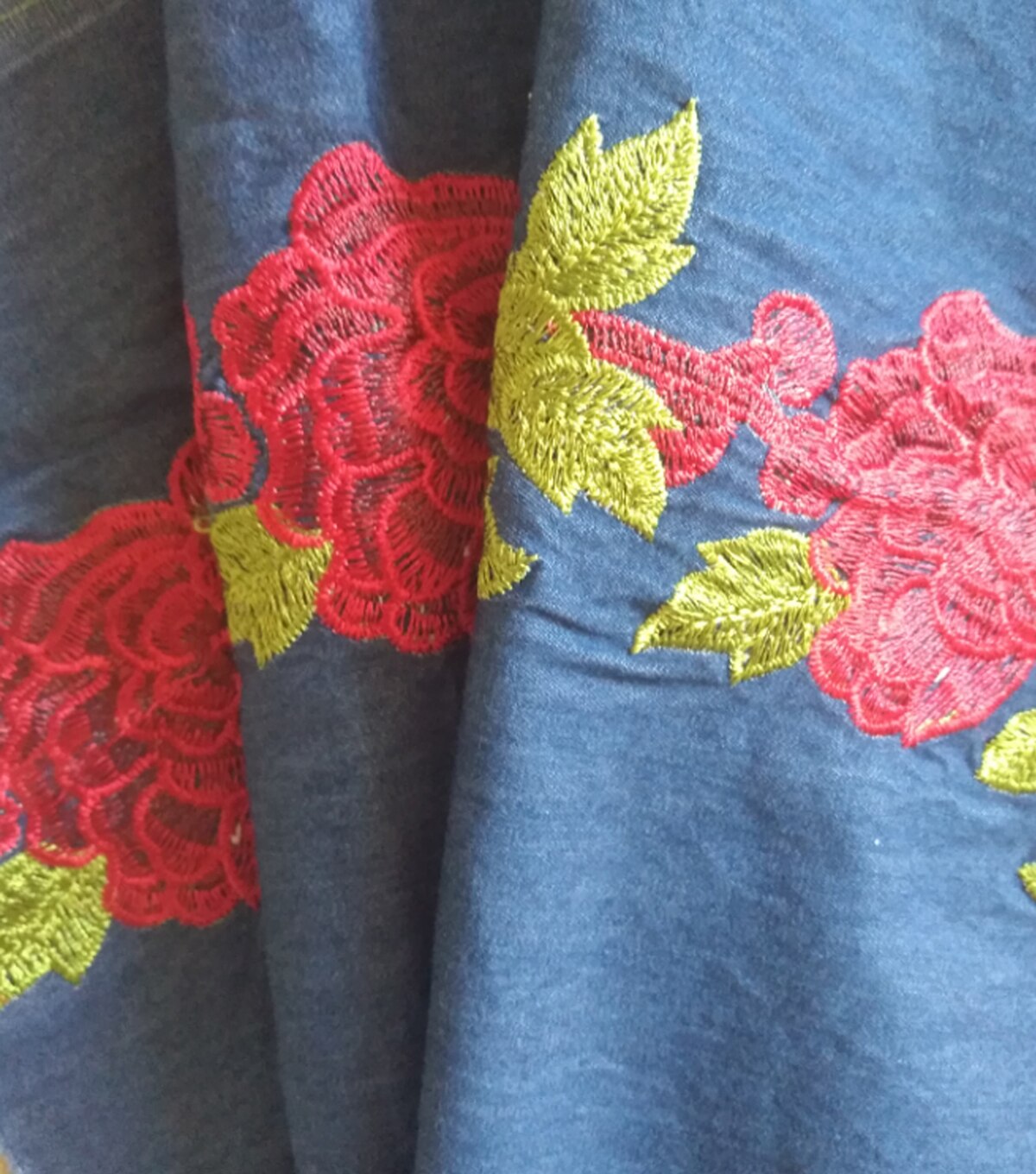 Sportswear Denim Fabric Red Embroidered Floral | JOANN